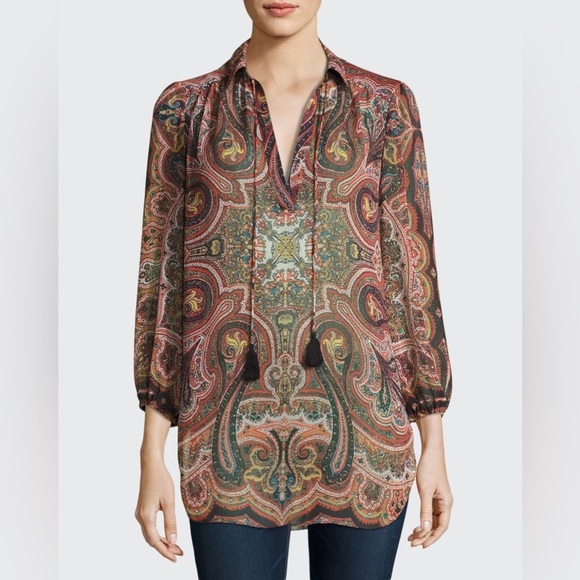 Alice +‎ Olivia Sterling Half-Placket Semi-Sheer Tunic Top Multiprint Multicolor - Picture 1 of 10
